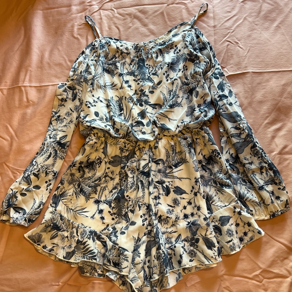 Altar'd State Floral Off-Shoulder Romper - Blue and White